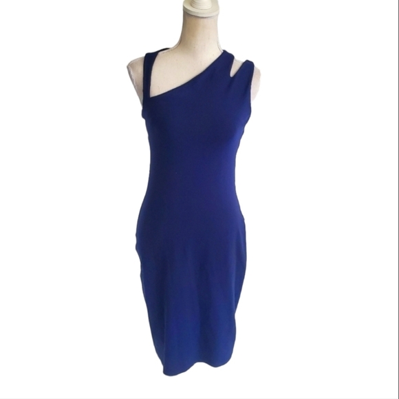 Susana Monaco Blue Split Shoulder Fitted Dress - Picture 2 of 10